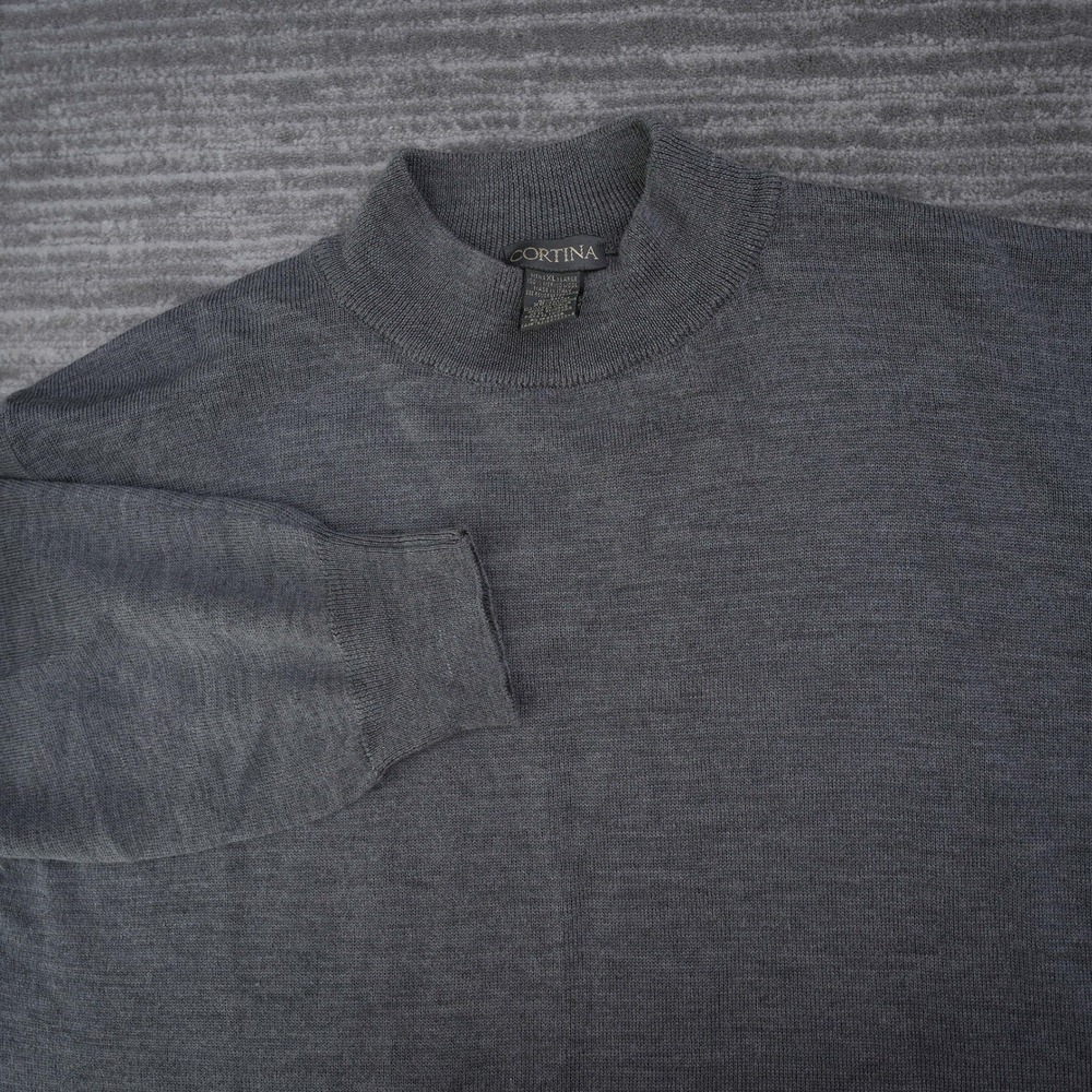 Cortina Men XL Gray Mock Neck Sweater 100% Merino Wool Made in Italy Charcoal